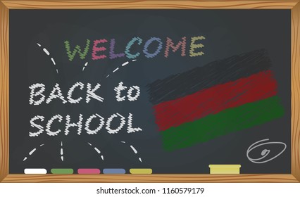 Back to school with learning and childhood concept. Banner with an inscription with the chalk welcome back to school and the Kenya national flag