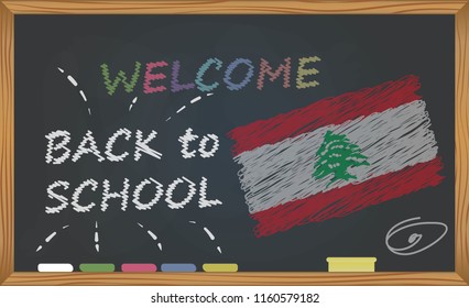 Back to school with learning and childhood concept. Banner with an inscription with the chalk welcome back to school and the Lebanon national flag