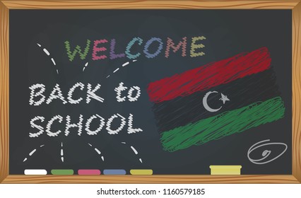 Back to school with learning and childhood concept. Banner with an inscription with the chalk welcome back to school and the Libya national flag
