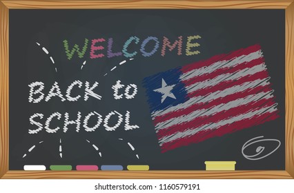 Back to school with learning and childhood concept. Banner with an inscription with the chalk welcome back to school and the Liberia national flag