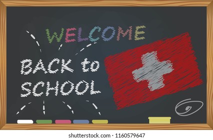 Back to school with learning and childhood concept. Banner with an inscription with the chalk welcome back to school and the Switzerland national flag