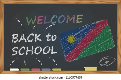 Back to school with learning and childhood concept. Banner with an inscription with the chalk welcome back to school and the Namibia national flag