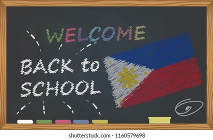 Back to school with learning and childhood concept. Banner with an inscription with the chalk welcome back to school and the Philippines national flag
