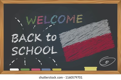 Back to school with learning and childhood concept. Banner with an inscription with the chalk welcome back to school and the Poland national flag