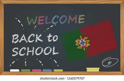 Back to school with learning and childhood concept. Banner with an inscription with the chalk welcome back to school and the Portugal national flag