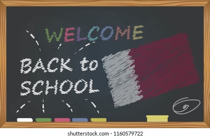 Back to school with learning and childhood concept. Banner with an inscription with the chalk welcome back to school and the Qatar national flag