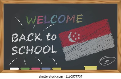 Back to school with learning and childhood concept. Banner with an inscription with the chalk welcome back to school and the Singapore national flag