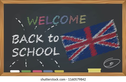 Back To School With Learning And Childhood Concept. Banner With An Inscription With The Chalk Welcome Back To School And The UK National Flag