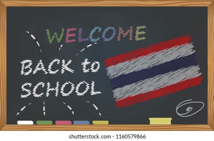 Back to school with learning and childhood concept. Banner with an inscription with the chalk welcome back to school and the Thailand national flag