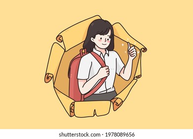 Back to school and learning education concept. Young happy positive schoolchild girl looking from damaged broken paper feeling positive vector illustration 