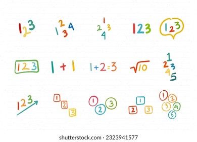 Back to school learning number element.Cute childish doodle art. Set of kids decoration vector illustration.