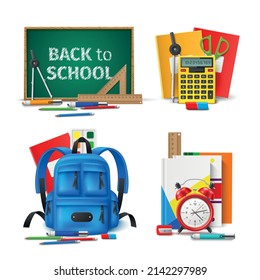 Back to school. Learning tools concepts. Realistic educational objects compositions. Colorful stationery. Students equipment. Chalkboard and backpack. Vector 3D studying