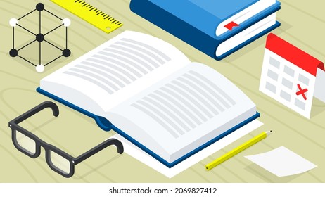 Back to school lesson wooden table isometric vector illustration. Studying mathematics, physics or chemistry science with stationery. Workplace of student pupil with books, molecule mockup and ruler