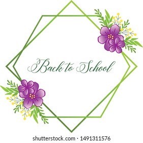 Back to school letter cute, with beauty of purple flower frame. Vector