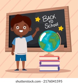 back to school lettering with afro schoolboy