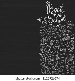 Back to school lettering background with doodle elements on blackboard, vector illustration
