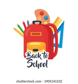 back to school lettering and backpack with school supplies vector illustration design