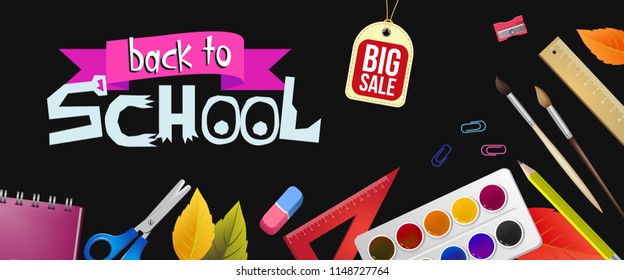 Back to school lettering and big sale tag with supplies. Offer or sale advertising design. Typed text, calligraphy. For leaflets, brochures, invitations, posters or banners.