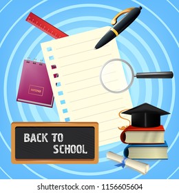 Back to school lettering with blackboard and stationery. Offer or sale advertising design. Typed text, calligraphy. For leaflets, brochures, invitations, posters or banners.