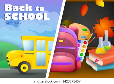 Back to school lettering, school bus, paints, palette. Offer or sale advertising design. Typed text, calligraphy. For leaflets, brochures, invitations, posters or banners.