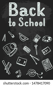 Back to School lettering by chalk on blackboard with school items and elements. Vector