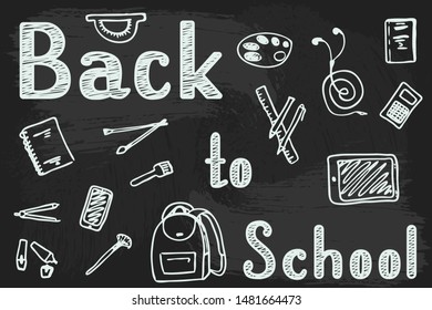 Back to School lettering by chalk on blackboard with school items and elements. Vector