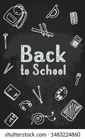 Back to School lettering by chalk on blackboard with school items and elements. Vector