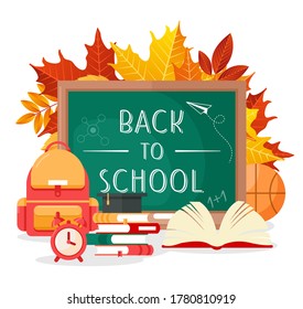 Back to school lettering by chalkboard vector illustration. Cartoon flat green schoolboard with school supplies or tools, autumn leaves, backpack and open schoolbook for education poster or web banner