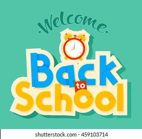 Back to school lettering in cartoon style with alarm clock.
