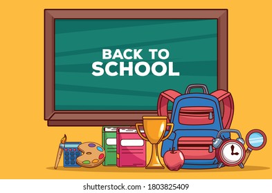 back to school lettering in chalkboard with items vector illustration design