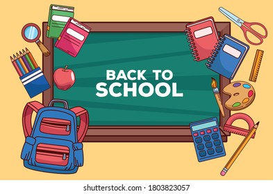 back to school lettering in chalkboard with supplies vector illustration design