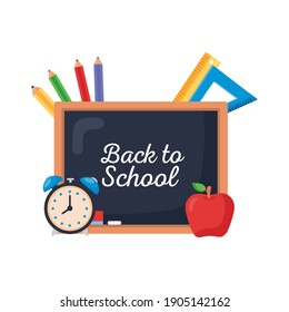 back to school lettering with chalkboard and supplies school vector illustration design