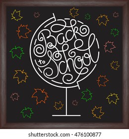 Back to school lettering with color maple leaf on chalkboard background. Vector illustration for your design