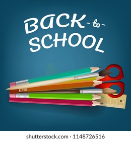 Back to school lettering with colored pencils and scissors. Offer or sale advertising design. Typed text, calligraphy. For leaflets, brochures, invitations, posters or banners.