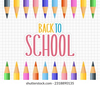 De vuelta a la escuela, grabando con lápices de colores en una página a cuadros de un cuaderno escolar. Inscripción caligráfica manuscrita, cita. Impresión infantil, vector