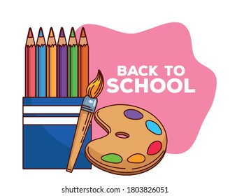 back to school lettering with colors pencils and paint pallette vector illustration design