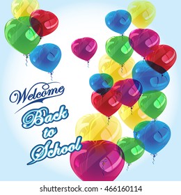 Back to school. Lettering composition with multicolored balloons. Composition of balloons and banners with the words back to school.