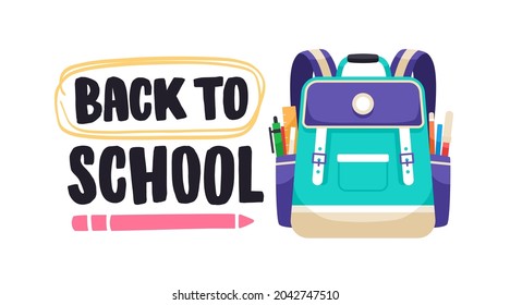 De vuelta a la escuela, escribiendo composición con bolso de escuela. Bolsa para niños con bolígrafos, lápices y artículos de papelería en bolsillos. Ilustración vectorial plana de color de la mochila aislada en fondo blanco