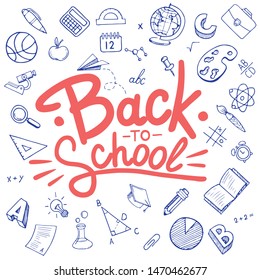 Back to school lettering in doodle circle frame on white background. Hand drawn education sketch supplies. Typography back to school for banners, posters, flyers.