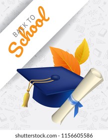 Back to school lettering with doodles and graduation cap. Offer or sale advertising design. Handwritten and typed text, calligraphy. For leaflets, brochures, invitations, posters or banners.