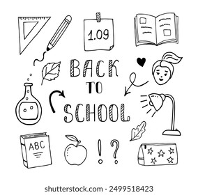 Back to school, lettering and doodles with school supplies, notebook, textbook, pencil, pencil case. Vector images, isolated study subjects on a white background