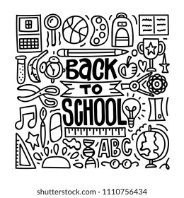 Back to school. Lettering with doodles. Vector illustration