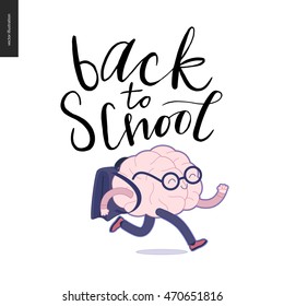De vuelta a la escuela. Ilustración vectorial de caricatura plana - un cerebro con gafas corriendo con una mochila escolar.