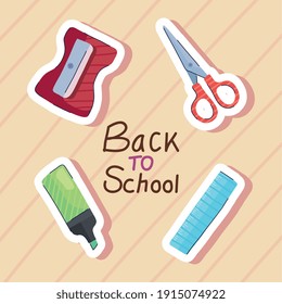 back to school lettering with four supplies vector illustration design