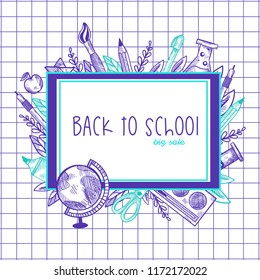 Back to school lettering in frame with doodle elements.