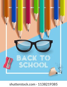 Back to school lettering in frame, glasses and pencils. Offer or sale advertising design. Typed text, calligraphy. For leaflets, brochures, invitations, posters or banners.