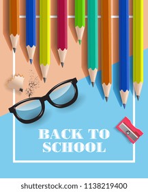 Back to school lettering in frame, pencils and glasses. Offer or sale advertising design. Typed text, calligraphy. For leaflets, brochures, invitations, posters or banners.