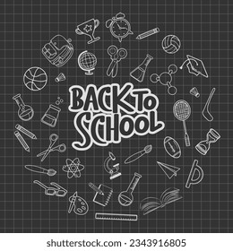 Back to school. Lettering and freehand drawing school items on a sheet of exercise book. Vector