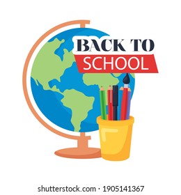 back to school lettering with globe sphere and pencils vector illustration design