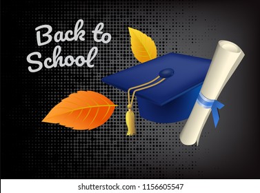 Back to school lettering with graduation cap. Offer or sale advertising design. Handwritten text, calligraphy. For leaflets, brochures, invitations, posters or banners.
